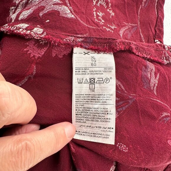 Old Navy Burgundy Floral Short-Sleeve Mini Dress XL Rayon Smocked Boho Cottage - Picture 6 of 11
